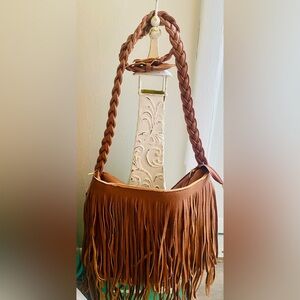 Brown Fringe Faux Leather Shoulder Bag
